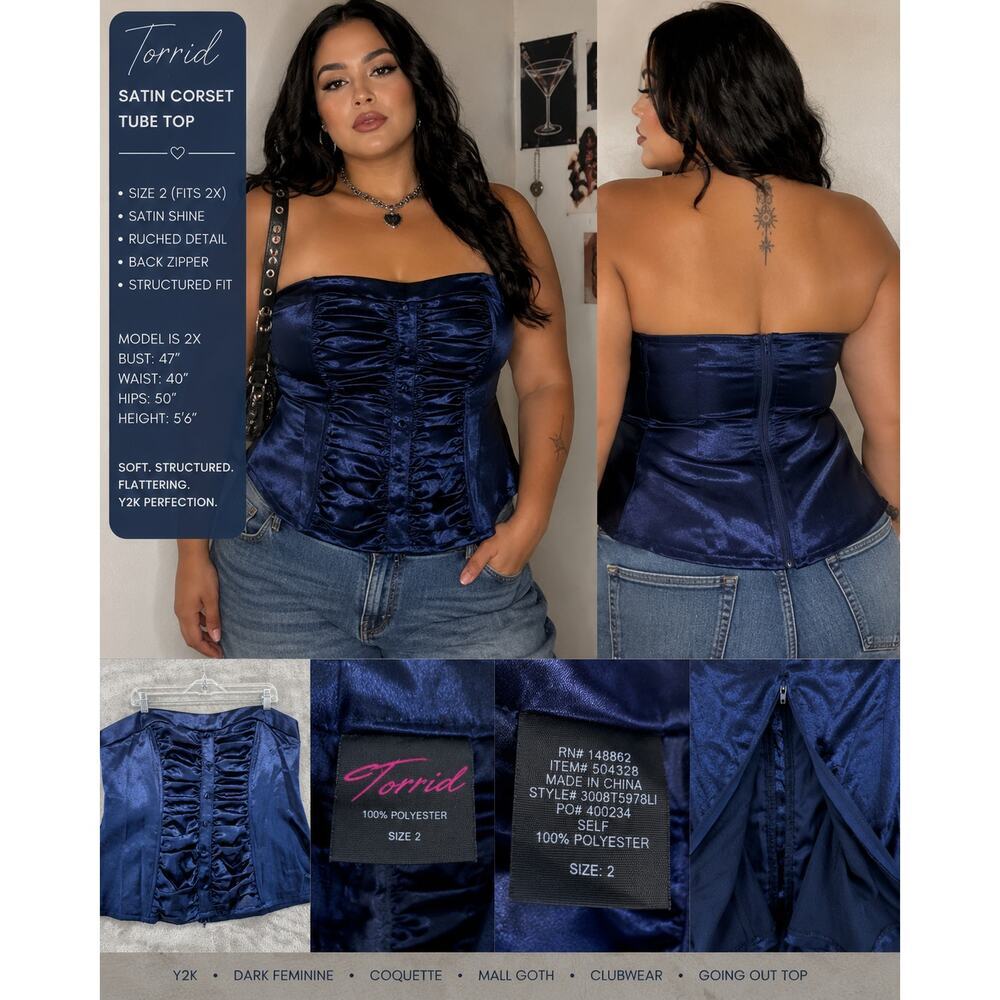 Torrid Navy Blue Satin Corset Tube Top Size 2 Y2K Ruched Strapless Bustier